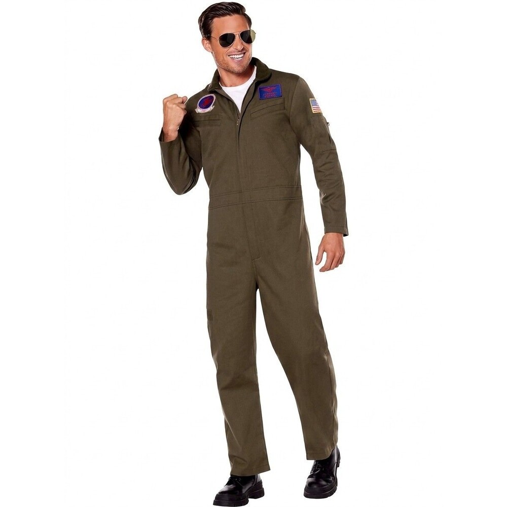Spirit Halloween Top Gun Flight Suit Men XXL Green Jumpsuit Maverick Costume